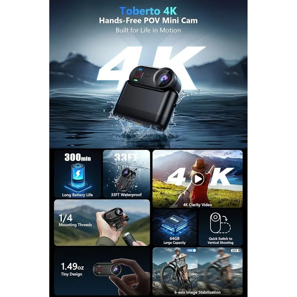 4K Thumb Action Camera WiFi Wearable POV Cam + Charging Action Pod 64GB Vlogging
